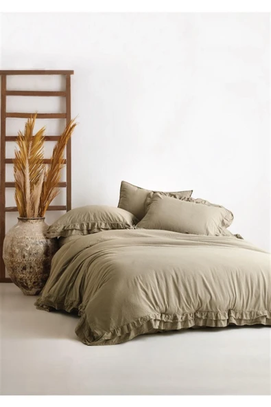 Sheri Home Tekstil Çift Fırfırlı Santorini Vintage Nevresim Takımı - Akdeniz Yeşili