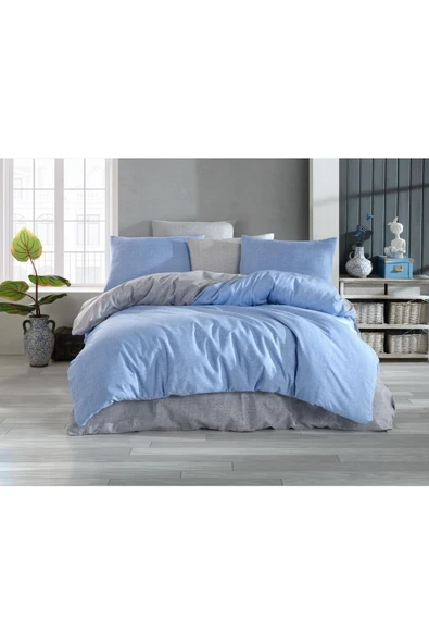 Sheri Home Tekstil Yeni Desenler Vintage Ranforce Çift Kişilik Nevresim Takımı One Size Happy Blue Ca90422