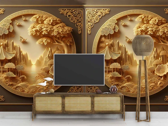 3D Kabartma Ahşap Oyma Sanatı Duvar Kağıdı Baskı - Resim 3