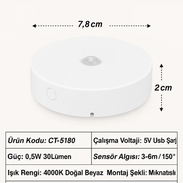 CATA CT-5180 Şarjlı Dolap İçi Kabin LED Aydınlatma  Mıknatıslı ve Hareket Sensörlü Lamba 4000K Doğal Beyaz - 4