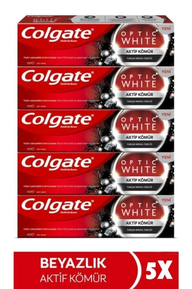 Colgate Optic White Aktif Kömür Diş Macunu 50ml +  360 Charcoal Diş Fırçası x 5 Adet