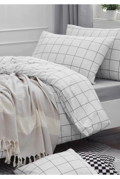 Sheri Home Çift Kişilik Çift Taraflı Nevresim Takımı(ÇARŞAFLI) Beyazgrikareshrii014537772023889694 - 4