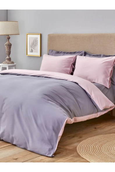 Sheri Home Lastikli Çarşaflı Nevresim Takımı Çift Kişilik Gül Kurusu-gri 100%pamuk01453020 - 3