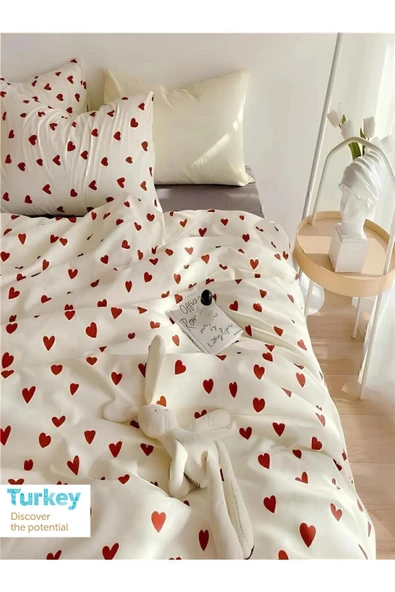 Sheri Home Tekstil Kırmızı Kalp Tek Kişilik Nevresim Seti Takımı 1 Adet Yorgan Kılıfı 1 Adet Yastık Kılıfı