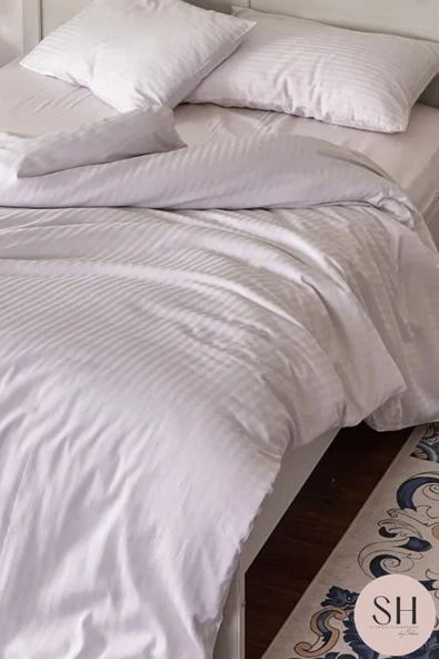 Sheri Home Tekstil Lüks Otel Nevresim Takımı 83 Tel Çift Kişilik Çizgili Saten  2 Adet Yastık kılıfı - 4
