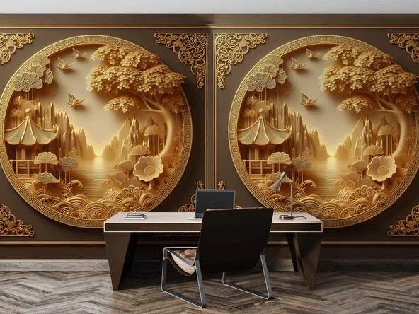 3D Kabartma Ahşap Oyma Sanatı Duvar Kağıdı Baskı - Resim 5