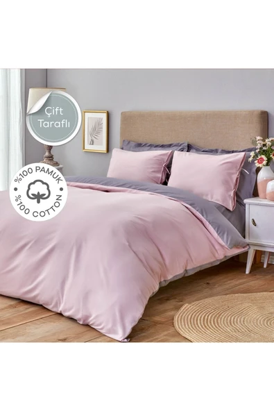 Sheri Home Basic Gül Kurusu Koyu Gri Çift Taraflı Çift Kişilik Nevresim Seti 200x220 %100 Pamuk Pinkcastle02