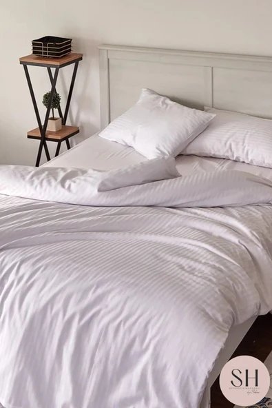 Sheri Home Tekstil Lüks Otel Nevresim Takımı 83 Tel Çift Kişilik Çizgili Saten  2 Adet Yastık kılıfı