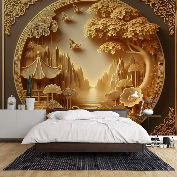 3D Kabartma Ahşap Oyma Sanatı Duvar Kağıdı Baskı - Resim 2