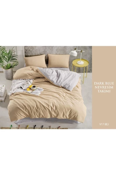 Sheri Home Tekstil Cotton Dark Blue Çift Kişilik Düz Pamuklu Nevresim Takımı Bej - 2