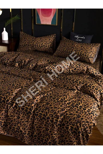 Sheri Home Tekstil Mocha Leopar Desen Lastikli Çarşaf Çift Kişilik Nevresim Takımı King8892219694888