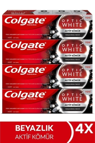Colgate Optic White Aktif Kömür Diş Macunu 50ml +  360 Charcoal Diş Fırçası x 4 Adet