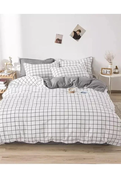 Sheri Home Çift Kişilik Çift Taraflı Nevresim Takımı(ÇARŞAFLI) Beyazgrikareshrii014537772023889694 - 5