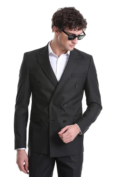 Süvari Dar Kesim Siyah Düz Kruvaze Takım Elbise - 2