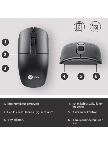 Lenovo Lecoo M2001 Kablosuz 1600DPI 4 Tuşlu Evrensel Uyumlu Optik Mouse Siyah - 10