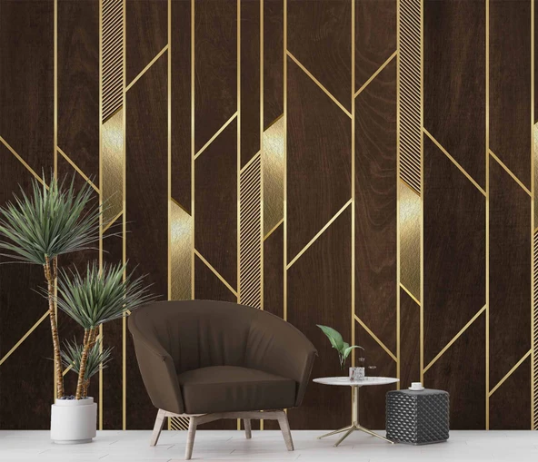 3D Ahşap Altın Panel Duvar Kağıdı Baskı - Resim 6