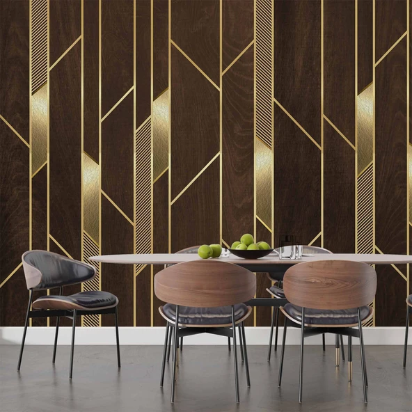 3D Ahşap Altın Panel Duvar Kağıdı Baskı - Resim 5