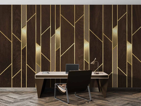 3D Ahşap Altın Panel Duvar Kağıdı Baskı - Resim 4