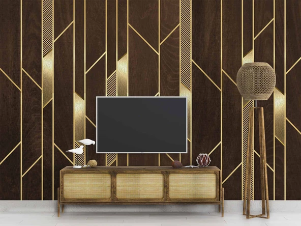 3D Ahşap Altın Panel Duvar Kağıdı Baskı - Resim 3