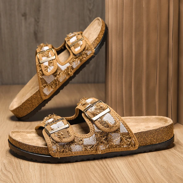 Unisex Terlik Sandalet - Mantar Taban - Tokalı - Günlük (Sarı)