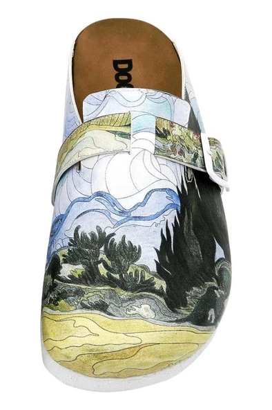 Kadın Vegan Deri Çok Renkli Terlik - Vincent van Gogh A Wheat Field with Cypresses Tasarım - 5