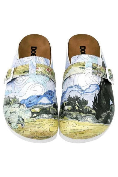 Kadın Vegan Deri Çok Renkli Terlik - Vincent van Gogh A Wheat Field with Cypresses Tasarım - 2