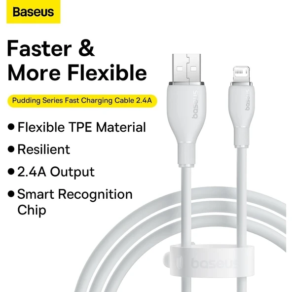 Baseus Pudding Serisi İPhone 14 13 12 11 x 7 8 Serileriyle Uyumlu Usb to Lightning 2.4 Amper Hızlı Şarj ve Data Aktarım Kablosu - Resim 3