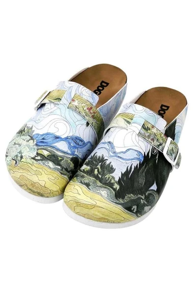 Kadın Vegan Deri Çok Renkli Terlik - Vincent van Gogh A Wheat Field with Cypresses Tasarım