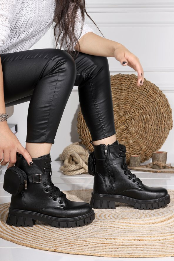 Woggo Cilt Bağcıklı Kadın Bot Ayakkabı Twg 7640 Siyah