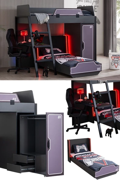 Ranzalı Oyuncu Odası, Gamer Ranza Ledli Karyola Masa Dolap