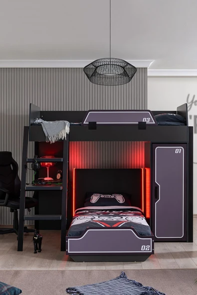 Ranzalı Oyuncu Odası, Gamer Ranza Ledli Karyola Masa Dolap - 5