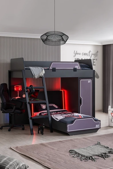 Ranzalı Oyuncu Odası, Gamer Ranza Ledli Karyola Masa Dolap - 6