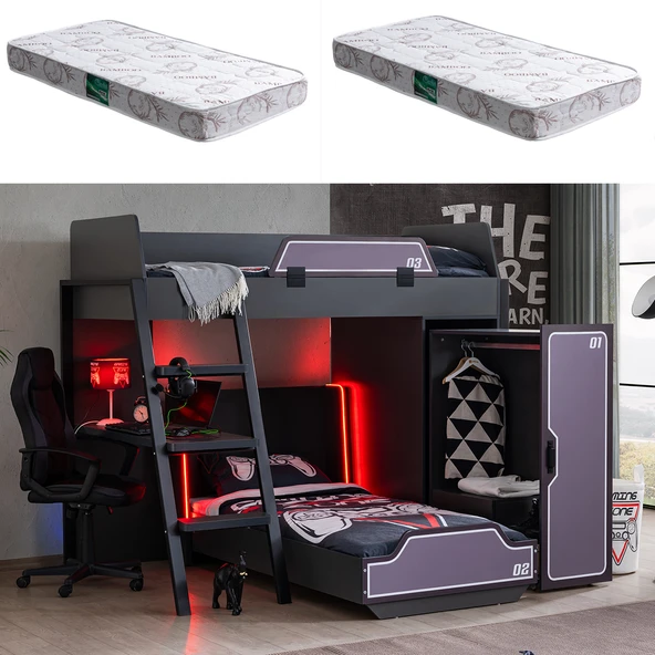 Ranzalı Oyuncu Odası, Gamer Ranza Ledli Karyola Masa Dolap 2 Adet Comfort Yatak