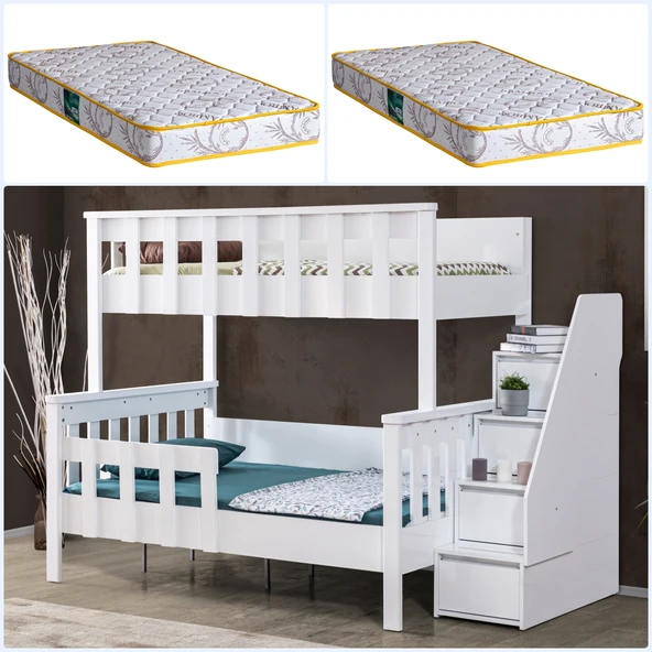Mdf Profil Ranza, Deluxe Ayrılabilir Ranza - Beyaz + 2 Adet Comfort Yatak