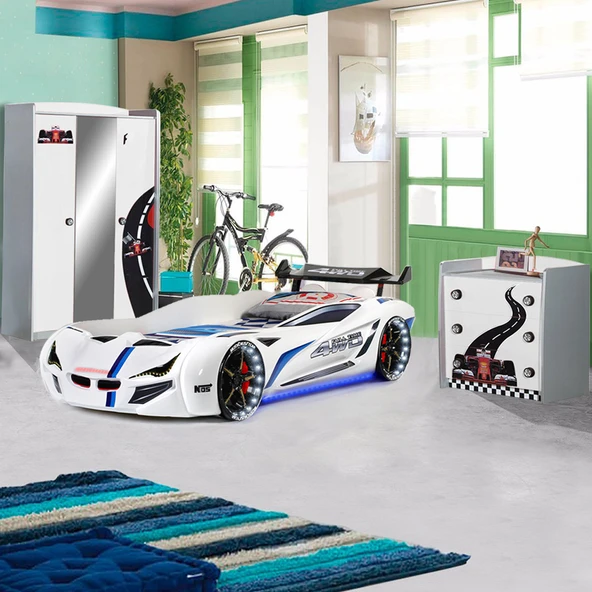 Formula Genç Odası - 3 Kapılı Dolap, Mercedes Full Ledli Arabalı Yatak, Şifonyer - Beyaz