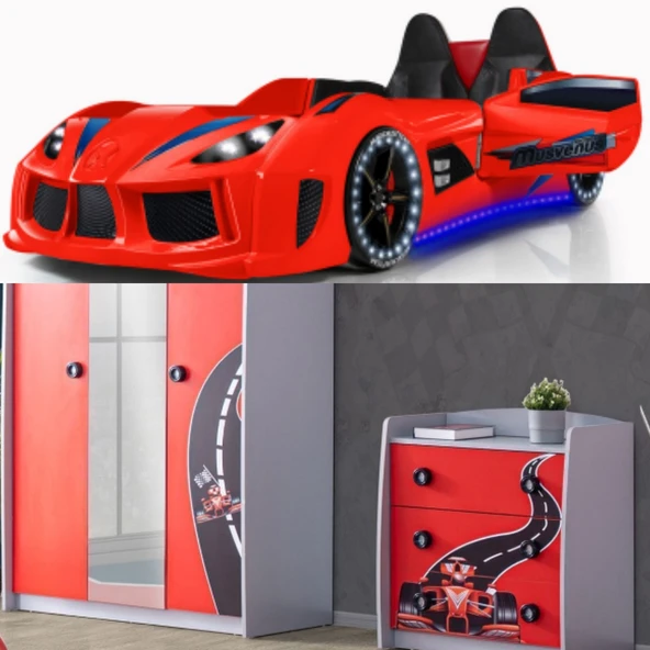 Formula Genç Odası - 3 Kapılı Dolap, Audi Koltuklu Arabalı Yatak, Şifonyer - Kırmızı