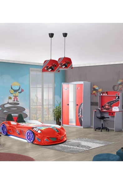 Formula Genç Odası - 3 Kapılı Dolap, Jaguar Full Ledli Arabalı, Masa - Kırmızı - 2