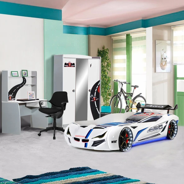 Formula Genç Odası - 3 Kapılı Dolap, Mercedes Full Ledli Arabalı Yatak, Masa - Beyaz