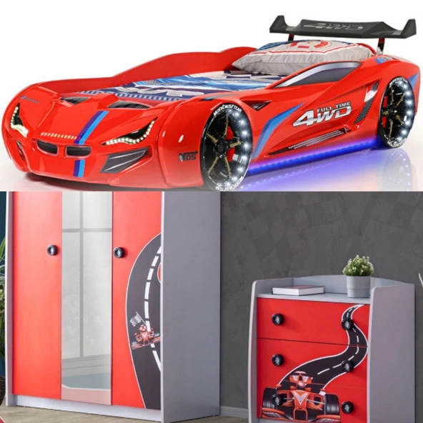 Formula Genç Odası - 3 Kapılı Dolap, Mercedes Full Ledli Arabalı Yatak, Masa - Kırmızı