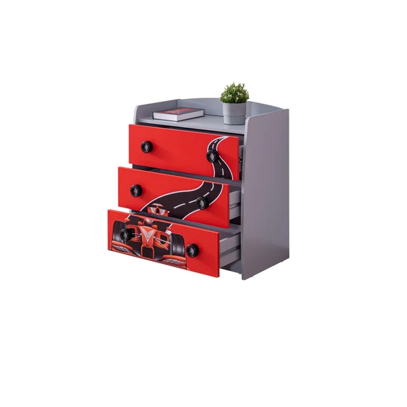 Formula Genç Odası - 3 Kapılı Dolap, Jaguar Koltuklu Arabalı Yatak, Şifonyer - Kırmızı - 4
