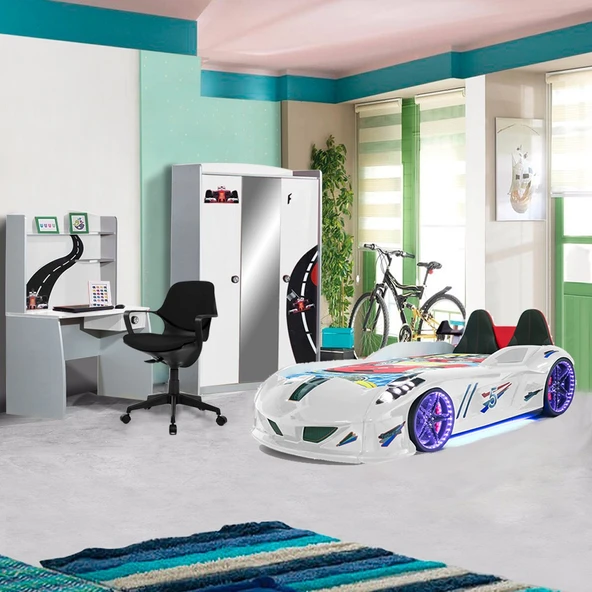 Formula Genç Odası - 3 Kapılı Dolap, Jaguar Full Ledli Arabalı, Masa - Beyaz