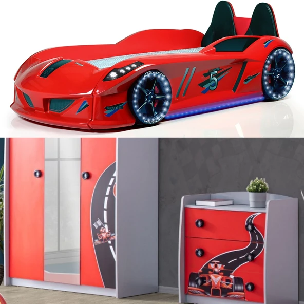 Formula Genç Odası - 3 Kapılı Dolap, Jaguar Koltuklu Arabalı Yatak, Şifonyer - Kırmızı