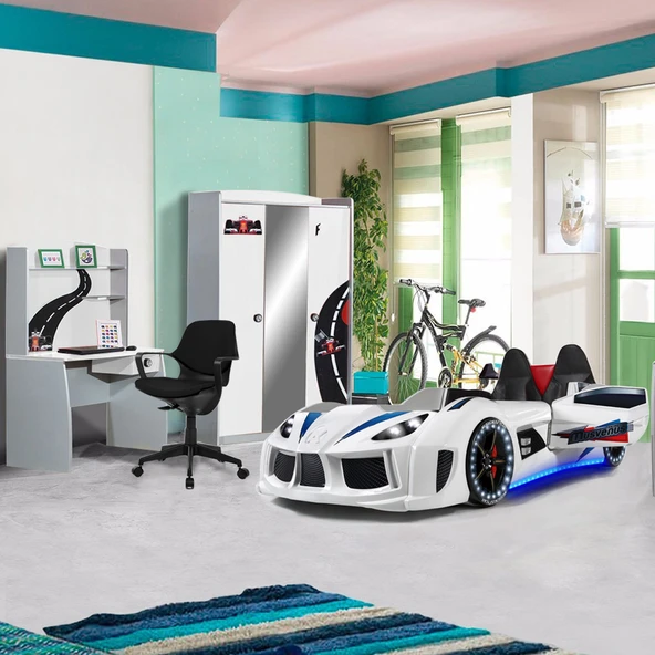Formula Genç Odası, 3 Kapılı Dolap, Audi Koltuklu Arabalı Yatak, Masa - Beyaz