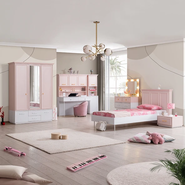 Rosa Genç Odası - 3 Kapılı Dolap, Karyola, Komodin, Masa, Şifonyer, Kitaplık