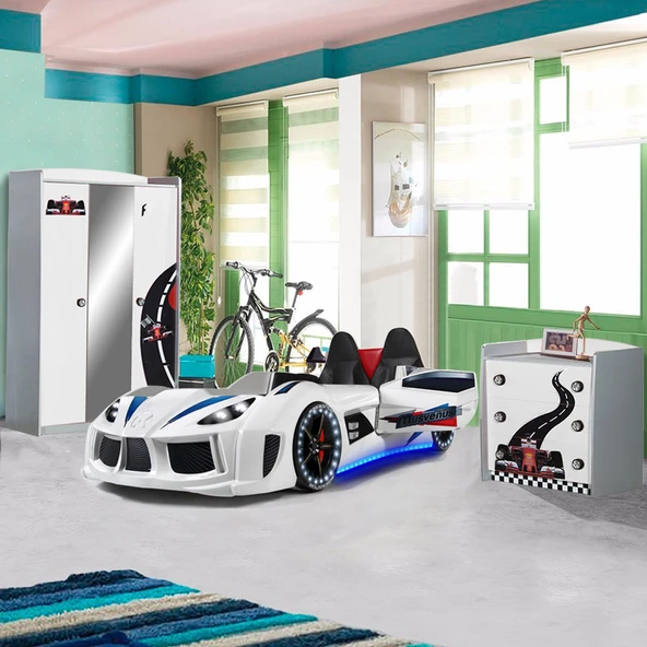 Formula Genç Odası - 3 Kapılı Dolap, Jaguar Koltuklu Arabalı Yatak, Şifonyer - Beyaz