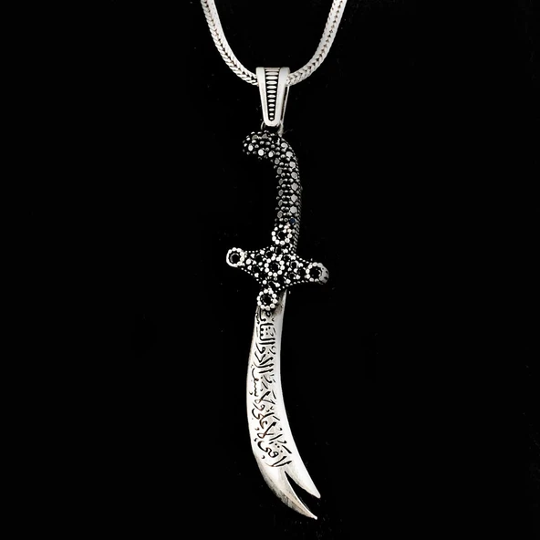 925 Ayar Gümüş La Feta İlla Ali La Seyfe İlla Yazılı Zülfikar Kolye - Resim 2