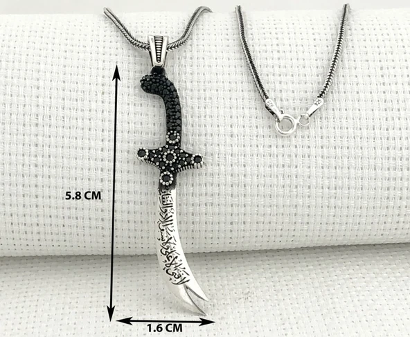 925 Ayar Gümüş La Feta İlla Ali La Seyfe İlla Yazılı Zülfikar Kolye - Resim 3