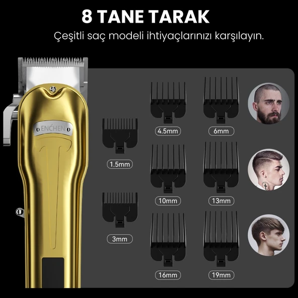 Enchen Boost 3 Gold Ayarlanabilir Başlıklı Dijital Göstergeli Şarjlı Profesyonel Saç Kesim Makinesi - Resim 3
