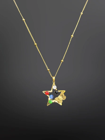 Renkli Taş Detaylı Yıldız ve Kelebek Motifli Antialerjik 316L Altın Renk Çelik Kolye ürün görseli 1