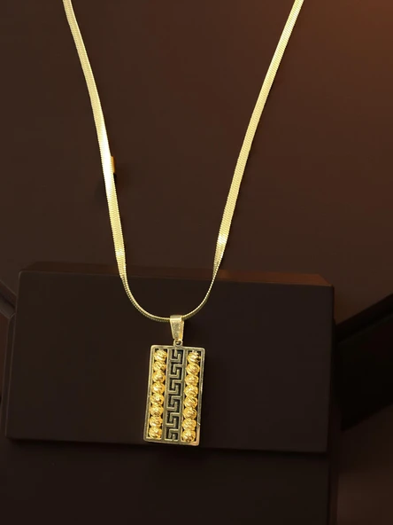 Geometrik Desenli Dikdörtgen Form Antialerjik 316L Altın Renk Çelik Kolye ürün görseli 1